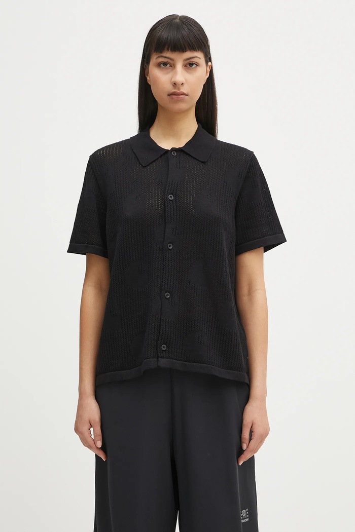 Βαμβακερό πουκάμισο Carhartt WIP W’ S/S Temple Knit Shirt κανονικό μαύρο I034541.89XX