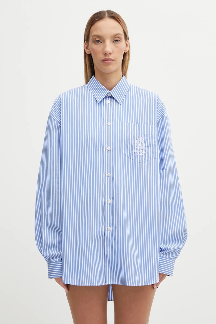Бавовняна сорочка Sporty & Rich Crown Tennis Oversized візерунок блакитний SI006621304ST08