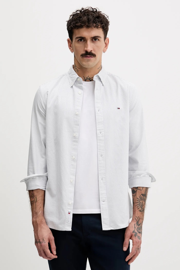 Bavlnená košeľa Tommy Jeans pásiky modrá DM0DM20668