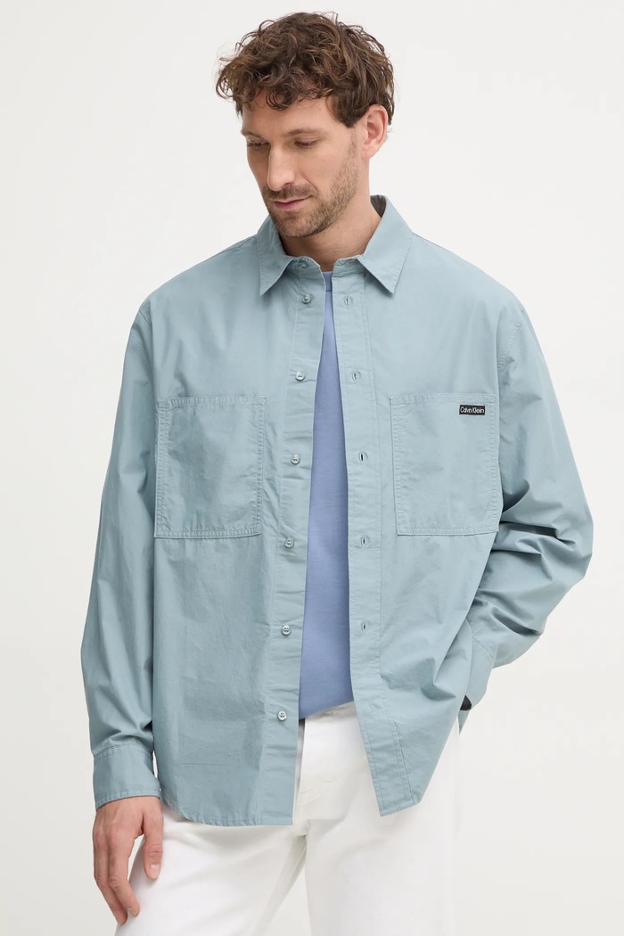 Bavlněná košile Calvin Klein Jeans dlouhý modrá J30J326721