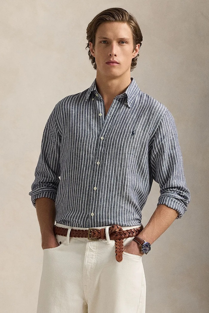 Ľanová košeľa Polo Ralph Lauren regular tmavomodrá 710961264