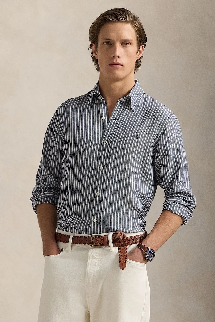Ľanová košeľa Polo Ralph Lauren regular tmavomodrá 710961264