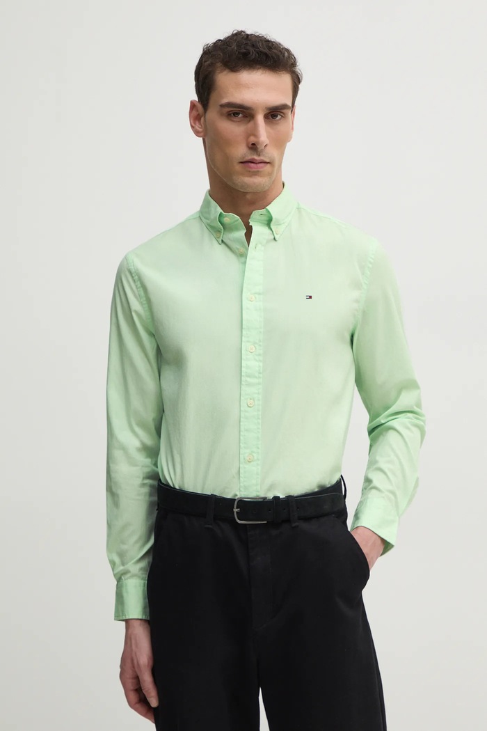 Tommy Hilfiger Cămașă bărbați din bumbac verde MW0MW37550