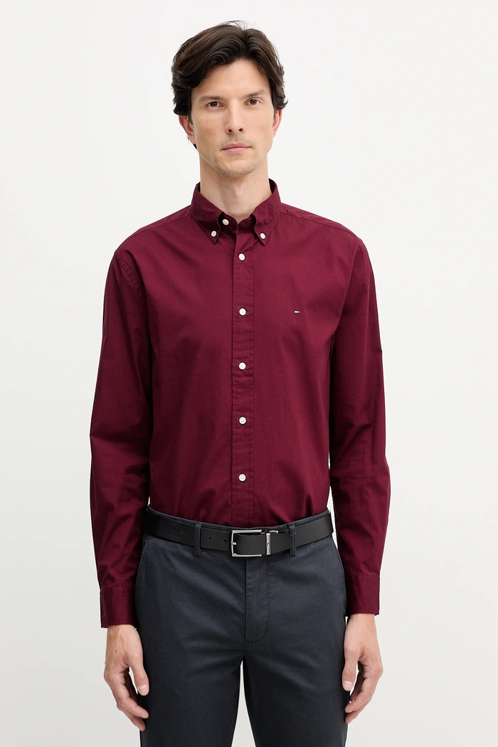 Tommy Hilfiger cămașă bărbătească din bumbac burgundia MW0MW37550