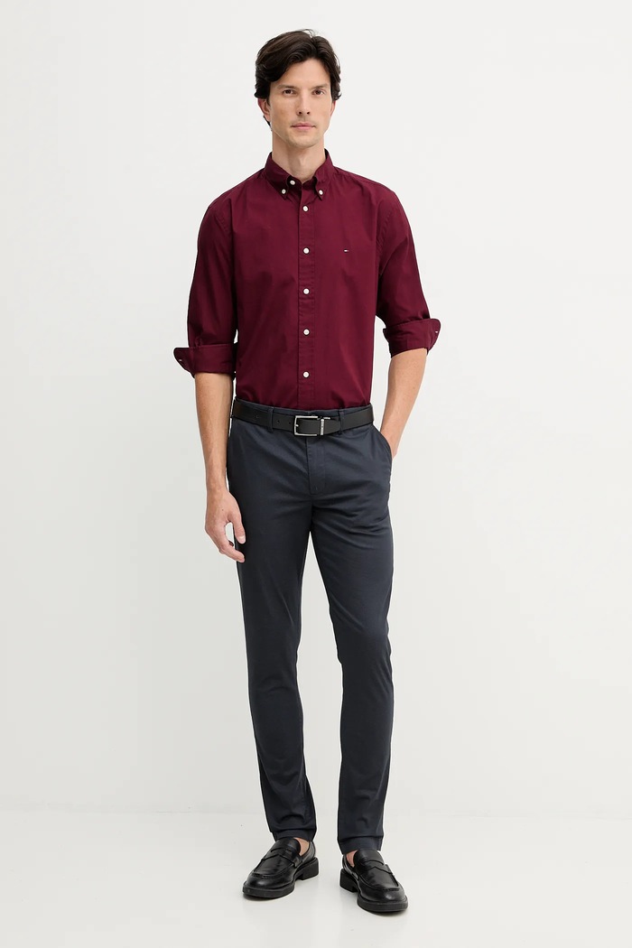 Tommy Hilfiger cămașă bărbătească din bumbac MW0MW37550 burgundia SS26