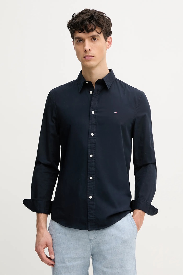 Βαμβακερό πουκάμισο Tommy Hilfiger slim σκούρο μπλε MW0MW38137