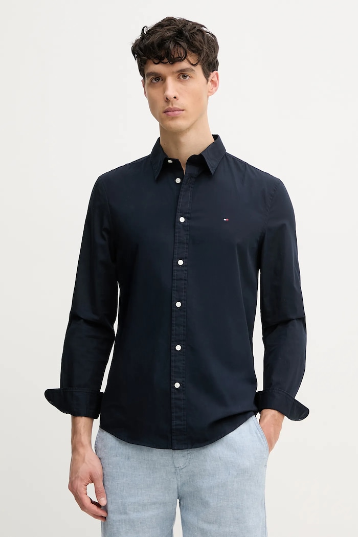 Βαμβακερό πουκάμισο Tommy Hilfiger slim σκούρο μπλε MW0MW38137