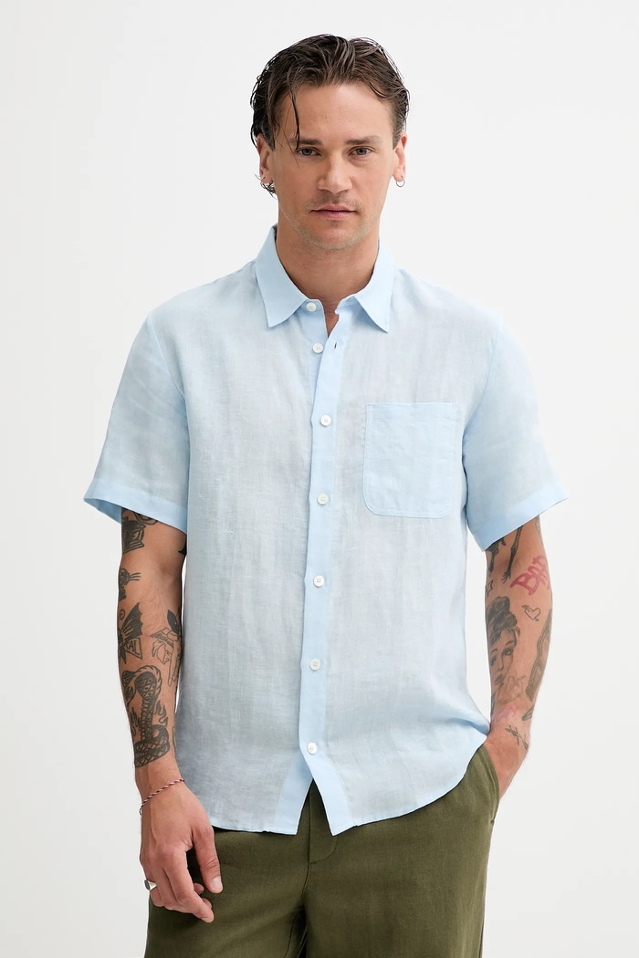 A.P.C. cămașă de in chemisette bellini logo scurt albastru LIAEK.H12551