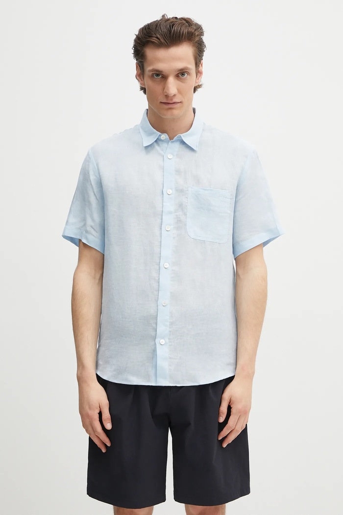 Lněná košile A.P.C. chemisette bellini logo relaxed modrá LIAEK.H12551