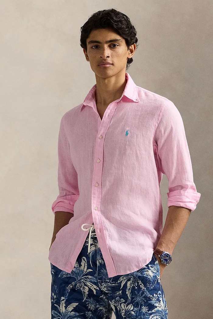 Polo Ralph Lauren πουκάμισο ανδρικό λινό Long Sleeve Sport Shirt μακρύ ροζ 710966294