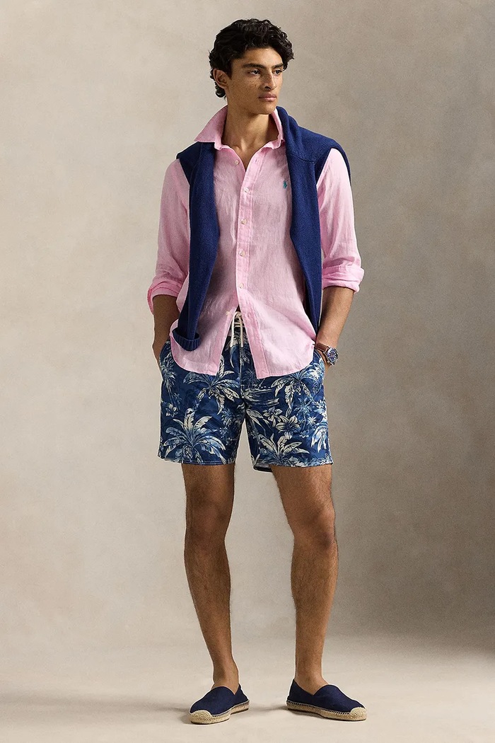 Ρούχα Polo Ralph Lauren πουκάμισο ανδρικό λινό Long Sleeve Sport Shirt 710966294 ροζ