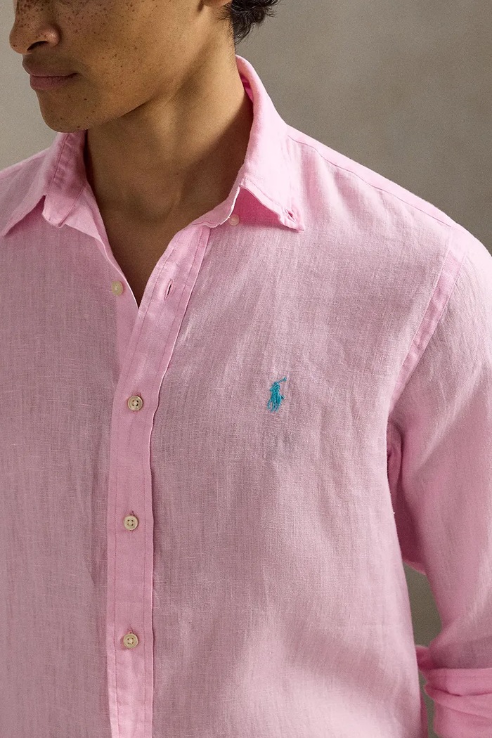 Polo Ralph Lauren πουκάμισο ανδρικό λινό Long Sleeve Sport Shirt ροζ 710966294