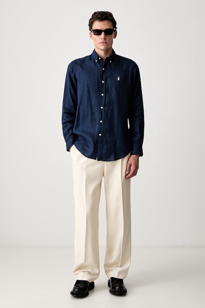 Polo Ralph Lauren cămașă pentru bărbați din in Long Sleeve Sport Shirt 710966294 bleumarin SS26