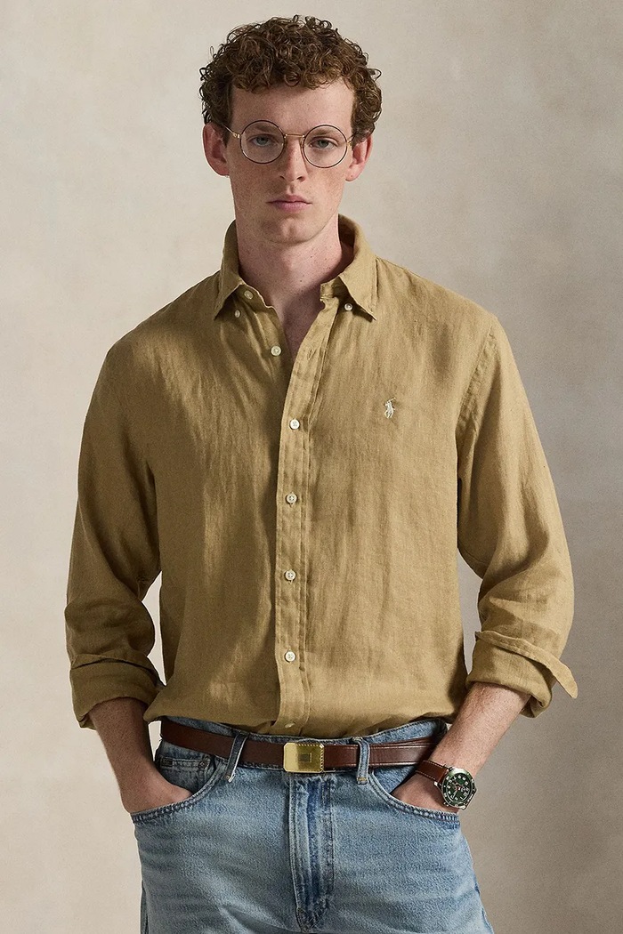 Polo Ralph Lauren πουκάμισο ανδρικό λινό Long Sleeve Sport Shirt μακρύ καφέ 710966294