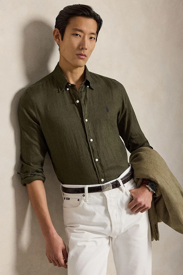 Polo Ralph Lauren πουκάμισο ανδρικό λινό Long Sleeve Sport Shirt μακρύ καφέ 710966294