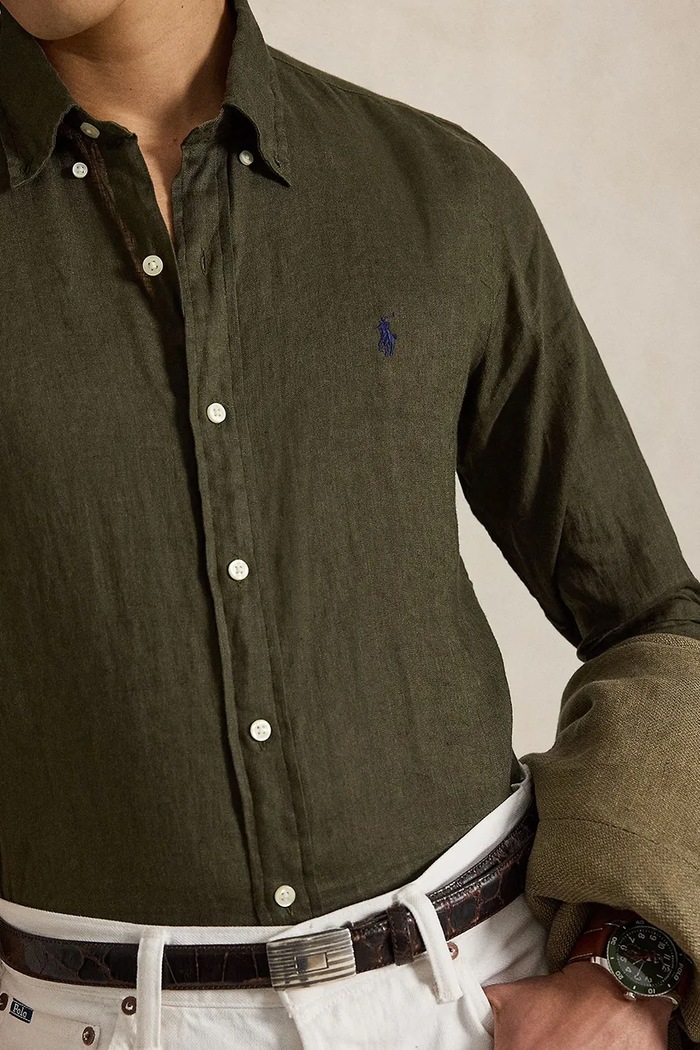 Polo Ralph Lauren πουκάμισο ανδρικό λινό Long Sleeve Sport Shirt καφέ 710966294