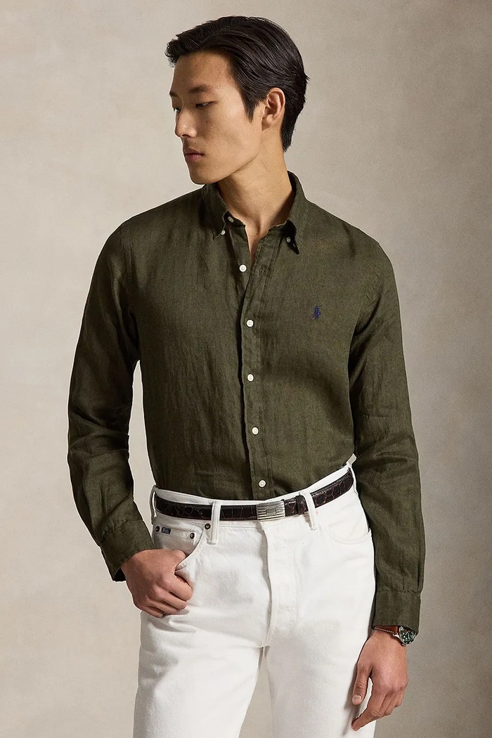 Polo Ralph Lauren πουκάμισο ανδρικό λινό Long Sleeve Sport Shirt 710966294 καφέ