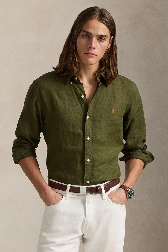Polo Ralph Lauren πουκάμισο ανδρικό λινό Long Sleeve Sport Shirt μακρύ πράσινο 710966294