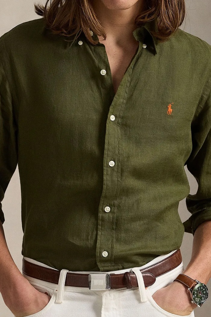 Polo Ralph Lauren πουκάμισο ανδρικό λινό Long Sleeve Sport Shirt πράσινο 710966294