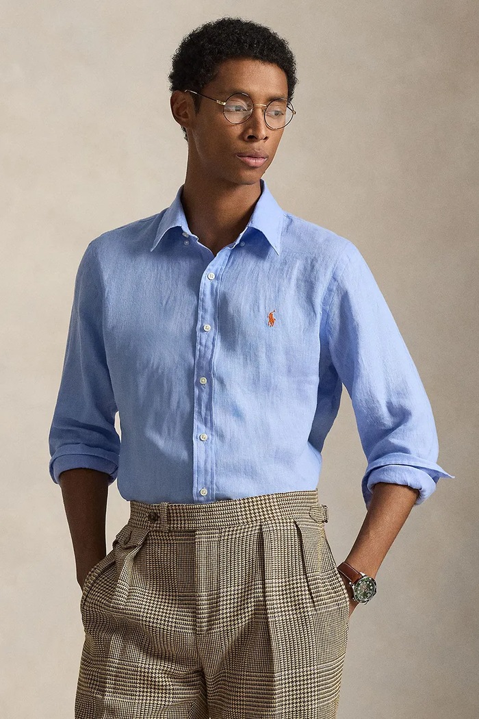 Polo Ralph Lauren πουκάμισο ανδρικό λινό Long Sleeve Sport Shirt μακρύ μπλε 710966294
