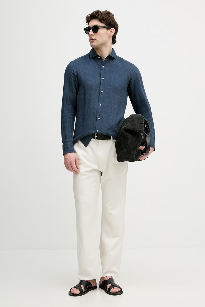 United Colors of Benetton srajca moška lanena 5BKUUQ04Q mornarsko modra SS26
