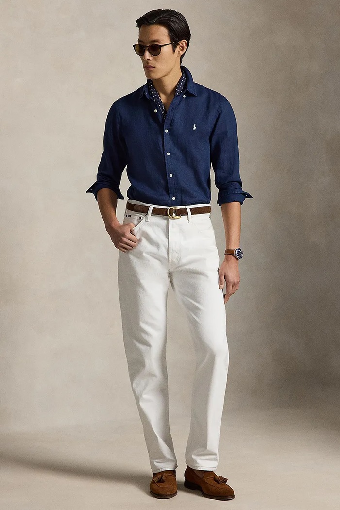 Ρούχα Polo Ralph Lauren πουκάμισο λινό ανδρικό 710968915 σκούρο μπλε
