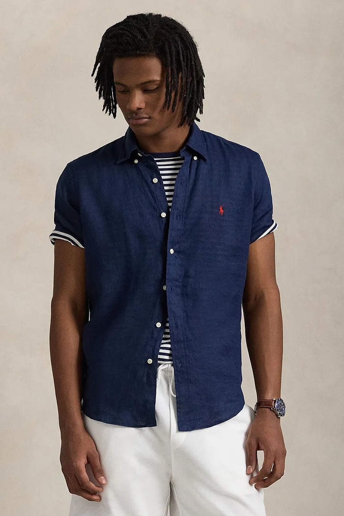 Πουκάμισο από λινό Polo Ralph Lauren Sport Shirt κανονικό σκούρο μπλε 710968912