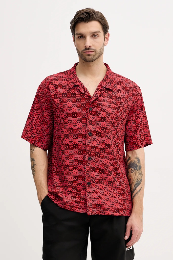 HUGO plažna srajca moška BEACH SHIRT RELAXED rdeča 50540065