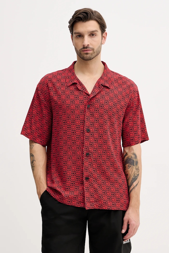 HUGO plažna srajca moška BEACH SHIRT RELAXED rdeča 50540065