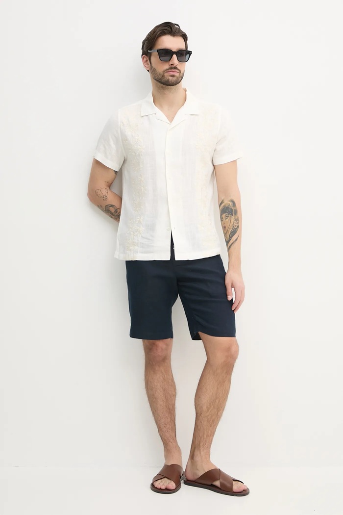Košile s příměsí lnu Guess MOSLEY M5GH79.WH350 béžová SS25