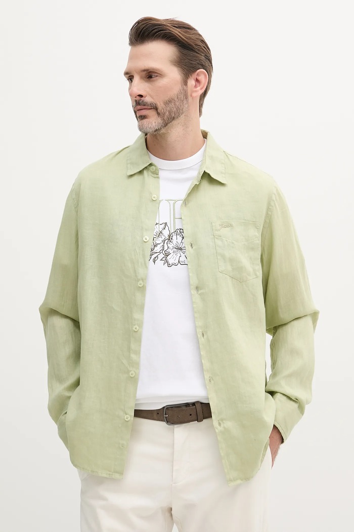 Lněná košile Guess NAPA hladký zelená M5GH73.WH3J0