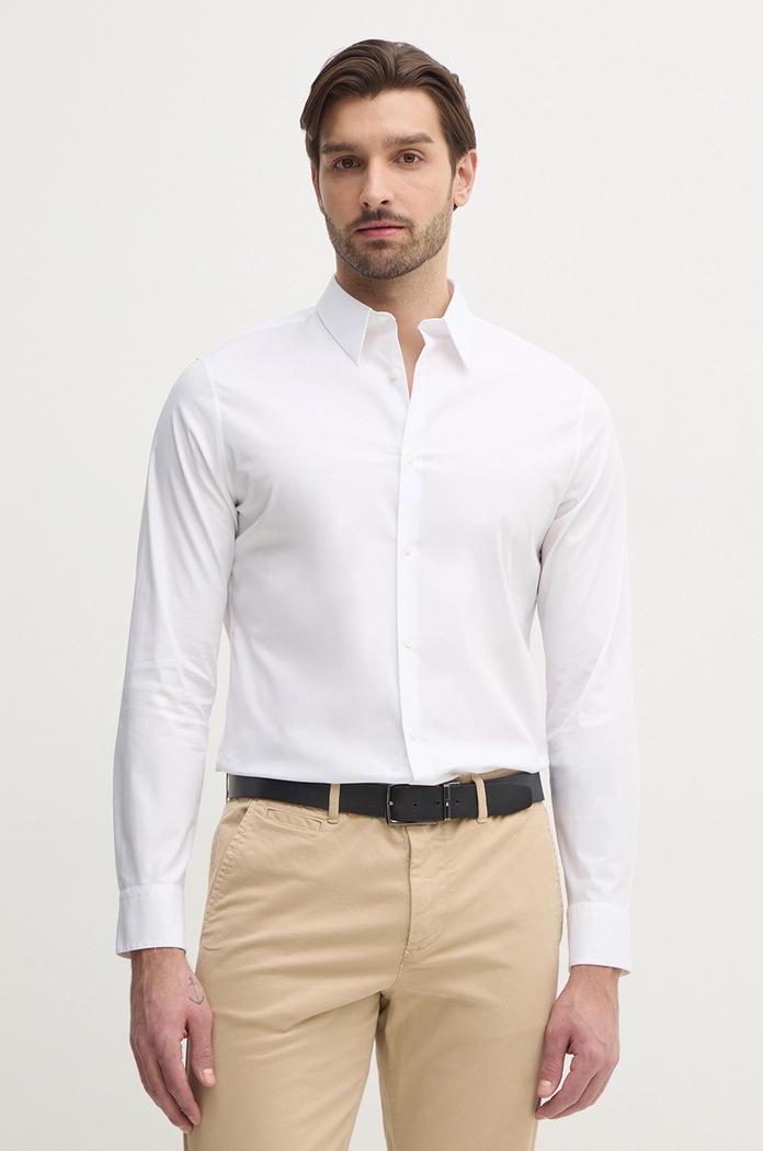 Calvin Klein cămașă bărbătească cu bumbac uni alb LV04LB145G