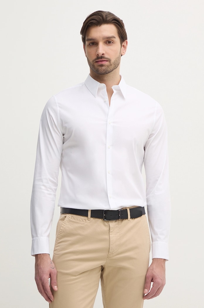 Calvin Klein cămașă bărbătească cu bumbac uni alb LV04LB145G