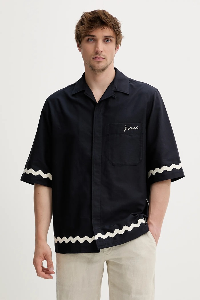 Fiorucci koszula bawełniana Wave Trim Logo Embroidered Bowling Shirt casual granatowy M02SMTSS295CO01BL05