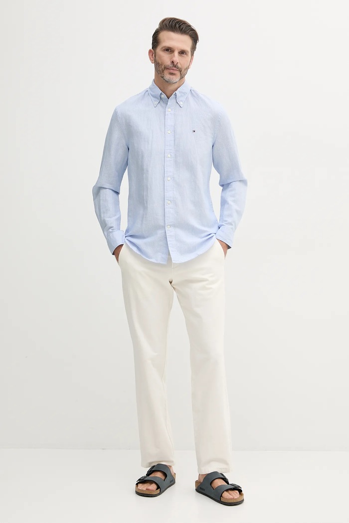 Tommy Hilfiger Košile s příměsí lnu Tommy Hilfiger MW0MW40704 modrá SS25