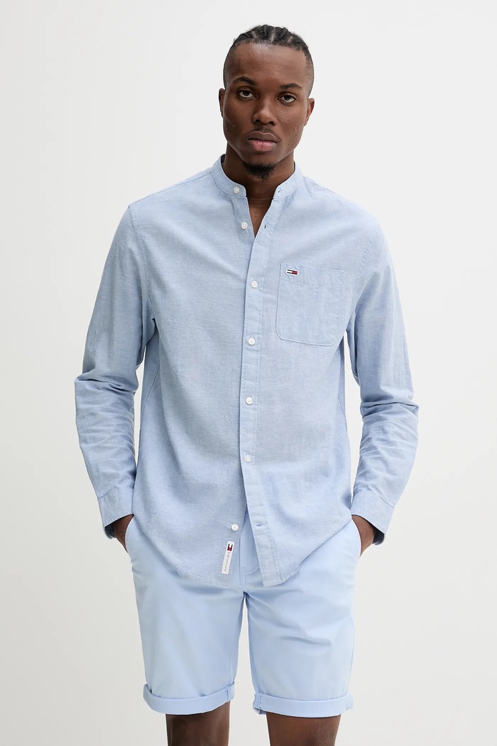 Tommy Jeans cămașă din amestec de in lung albastru DM0DM20876