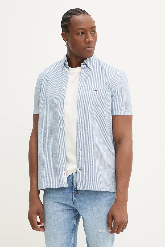 Bombažna srajca Tommy Jeans Vzorčasti modra DM0DM20891