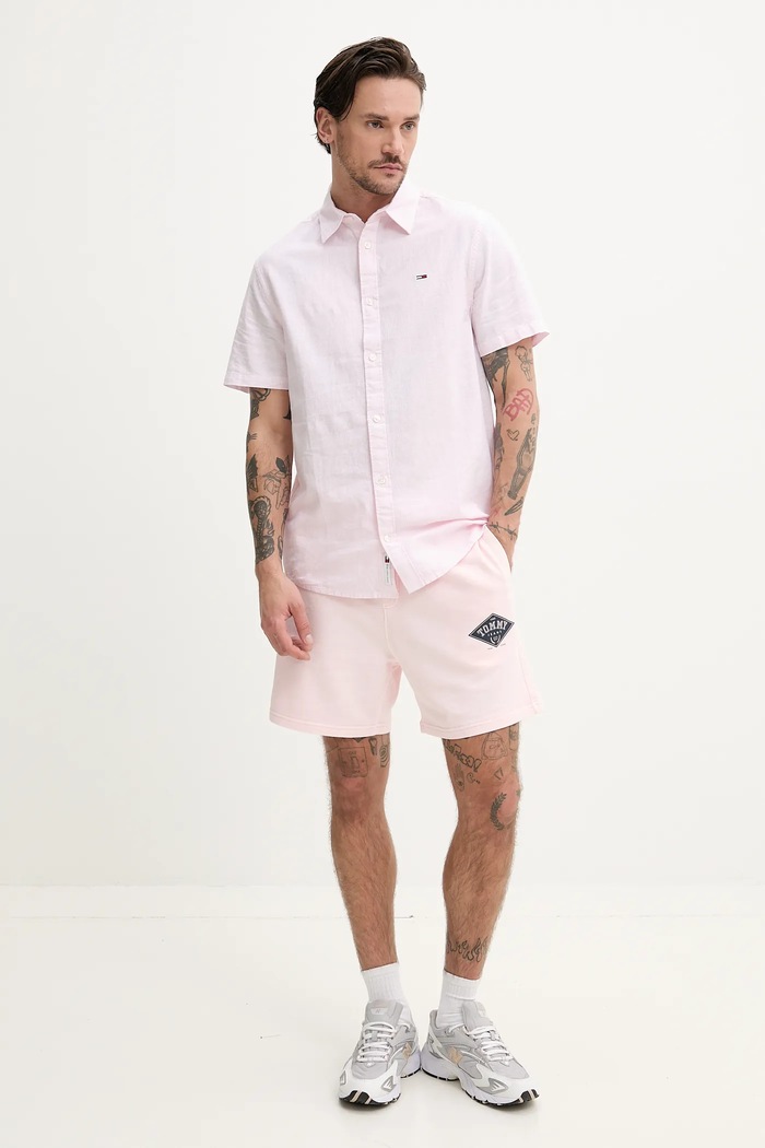 Košile s příměsí lnu Tommy Jeans DM0DM20894 růžová SS25