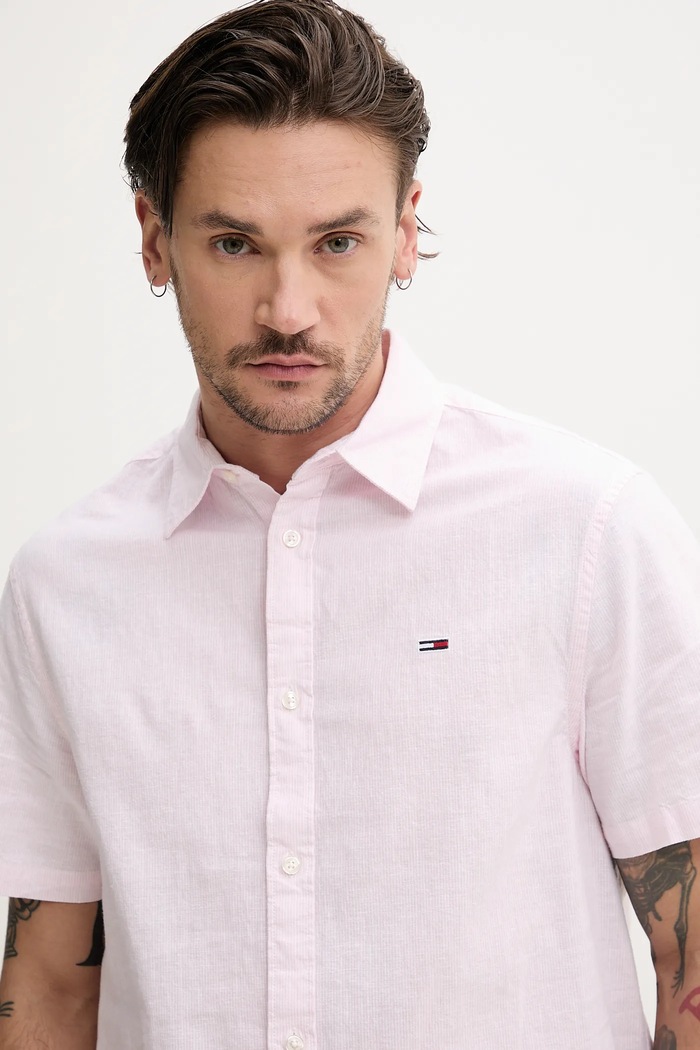 Košile s příměsí lnu Tommy Jeans růžová DM0DM20894