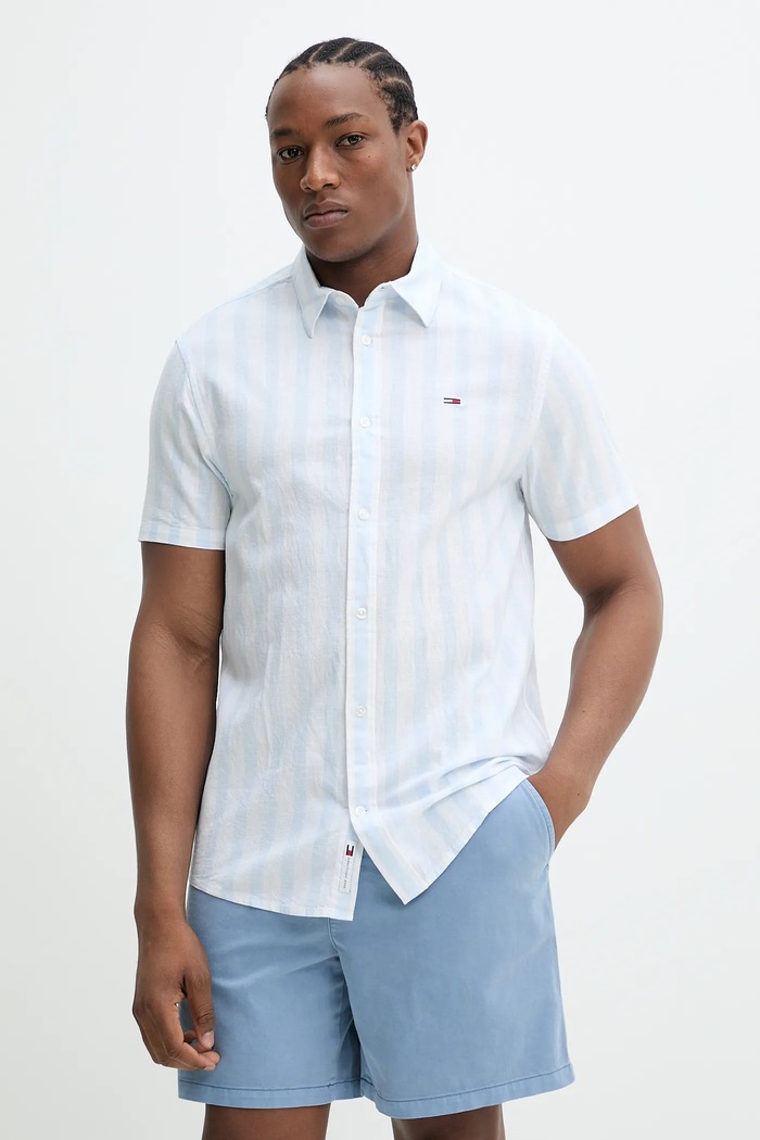 Tommy Jeans koszula z domieszką lnu regular niebieski DM0DM20894