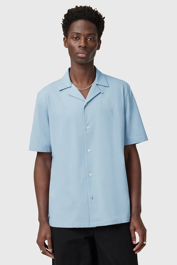 AllSaints cămașă pentru bărbați din bumbac HUDSON uni albastru M081SA