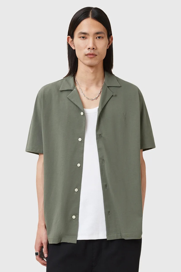 AllSaints košeľa pánska bavlnená HUDSON relaxed zelená M081SA