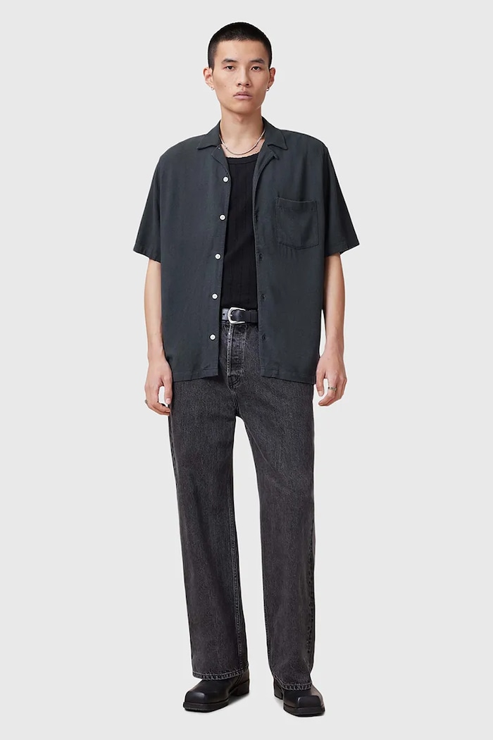 Πουκάμισο με μείγμα από λινό AllSaints CUDI M052SC μπλε