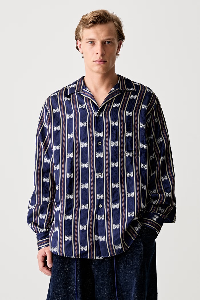 Needles One-Up - Papillon Stripe košile s cupro pánská relaxed námořnická modř QV106