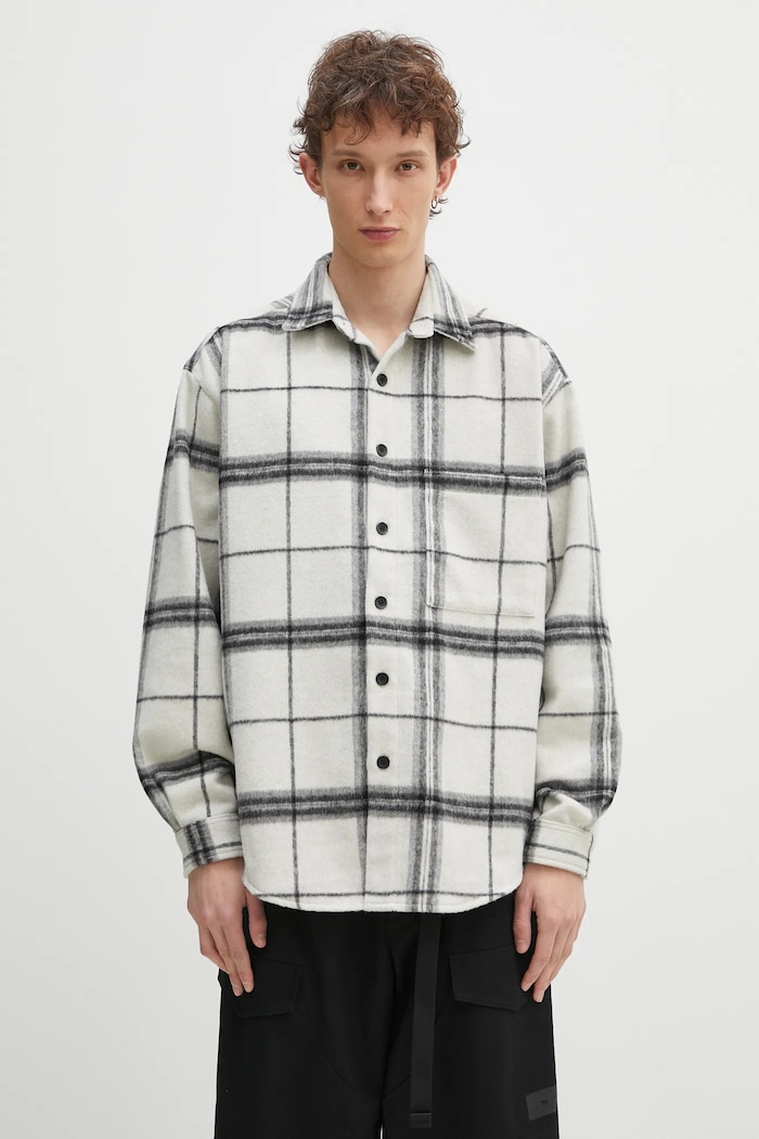 MKI MIYUKI ZOKU koszula z domieszką wełny Check Flannel Shirt klasyczny beżowy CHECK.FLANNEL.SHIRT.OFF