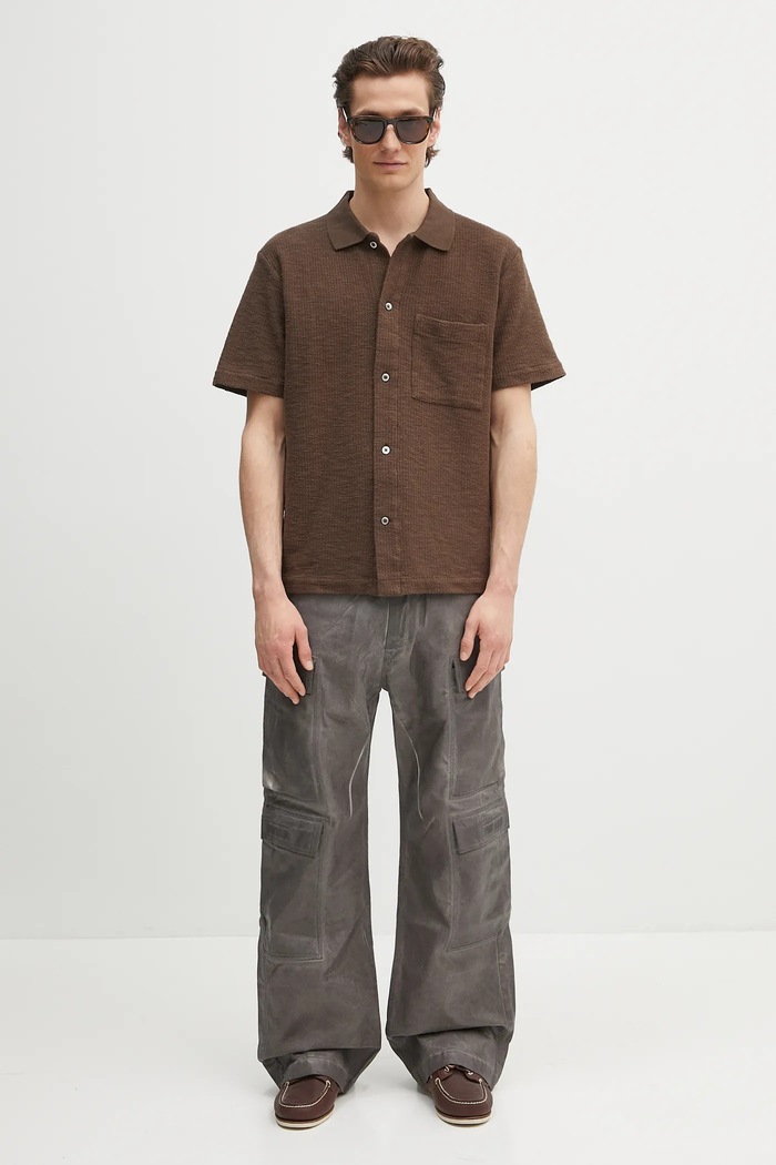 Βαμβακερό πουκάμισο Norse Projects Gustav Crochet Jersey Shirt N01.0683.2033 καφέ