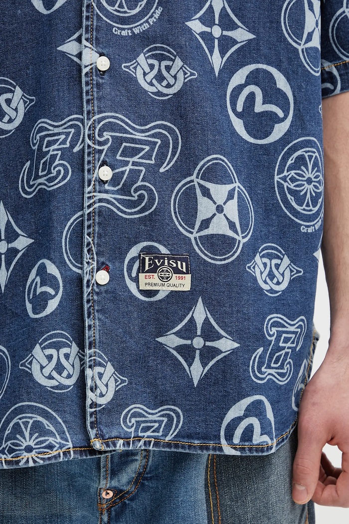 Cămașă jeans Monogram AOP Denim SS Evisu 2ESHTM5DI1147 albastru