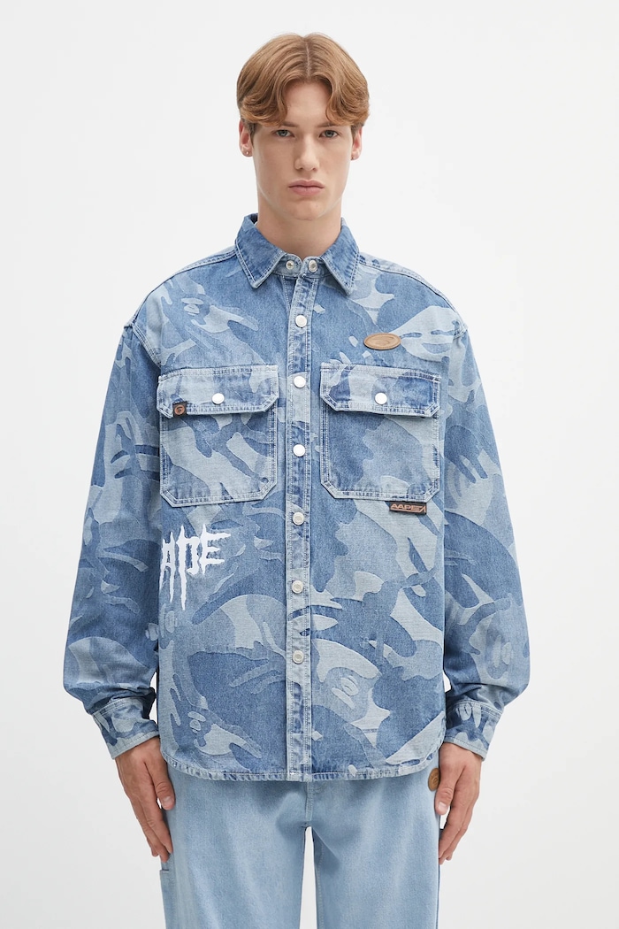 Džínová košile AAPE Main Long Sleeve bavlna modrá AAPSTM8500XXN