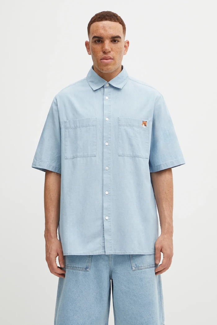 Bavlnená košeľa Maison Kitsuné Relaxed Short Sleeve relaxed modrá OM00424WC5006