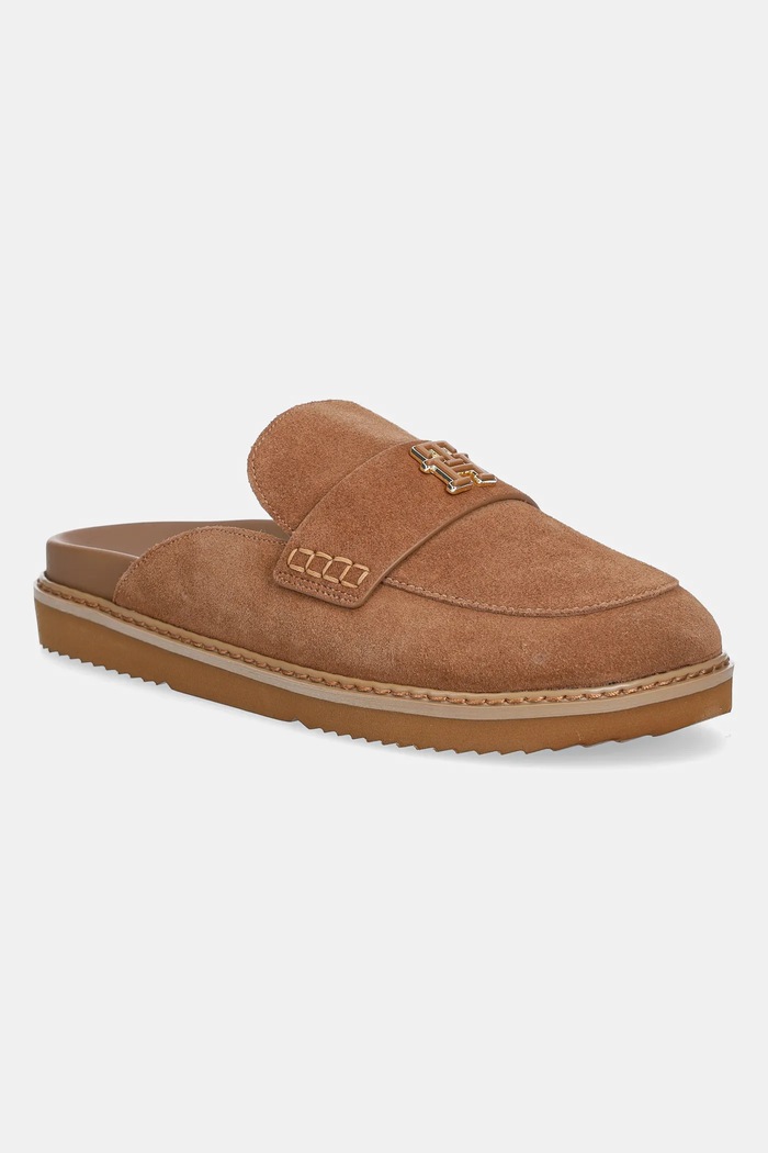 Велурени чехли Tommy Hilfiger SUEDE CLOSED TOE MULE равен кафяв FW0FW08583